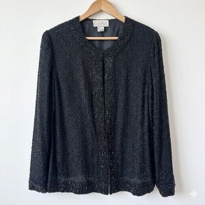 Vintage Laurence Kazar Heavy Beaded Silk Jacket Black Evening Top XL